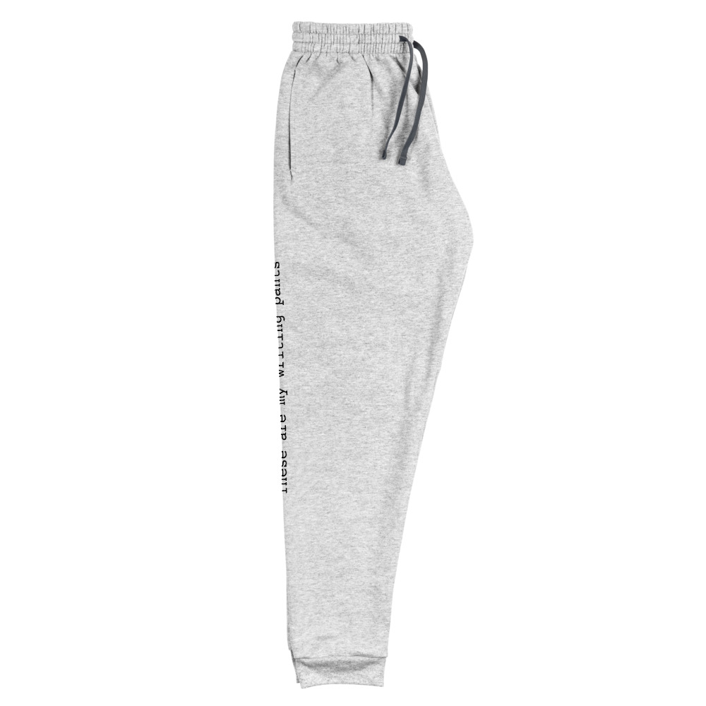 joggers with writing on crotch